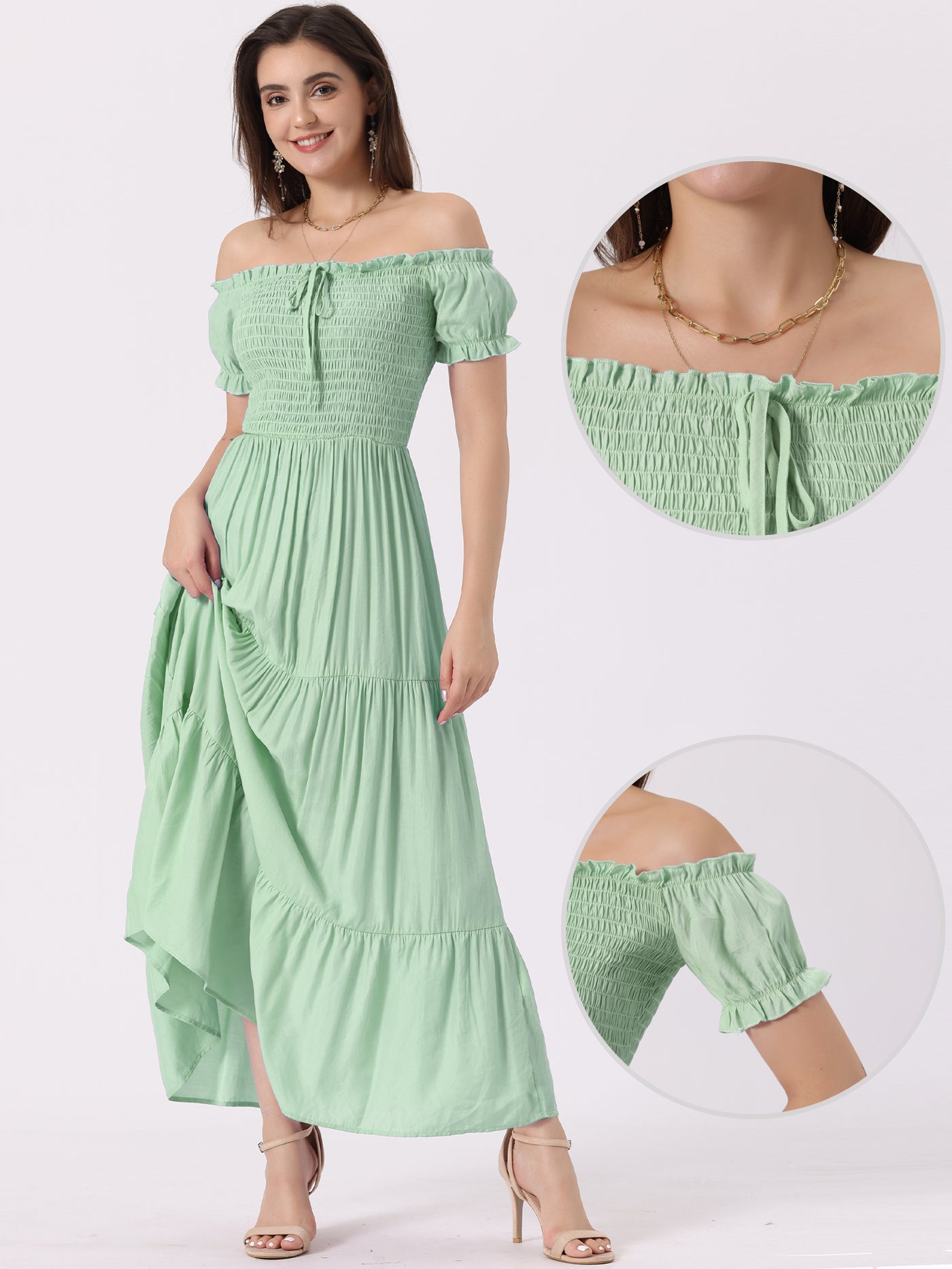 Allegra K Smocked Tiered Off Shoulder Puff Sleeves Ruffle Maxi Dress