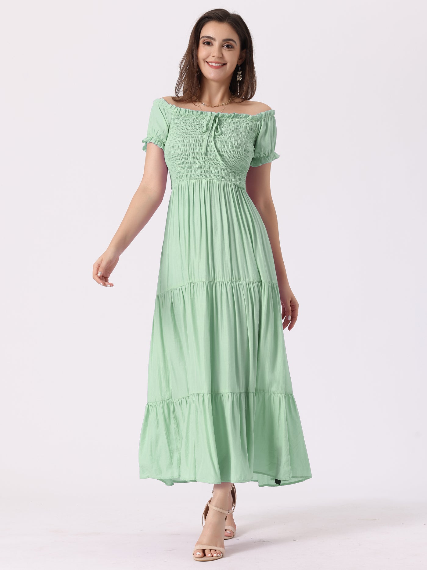 Allegra K Smocked Tiered Off Shoulder Puff Sleeves Ruffle Maxi Dress