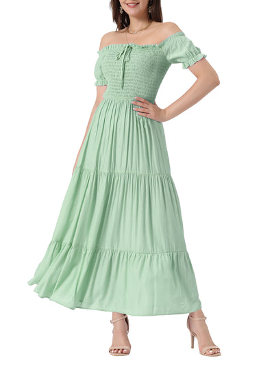 Smocked Tiered Off Shoulder Puff Sleeves Ruffle Maxi Dress