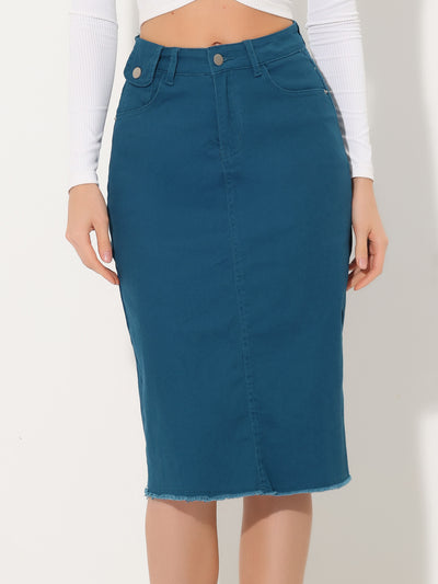 Casual High Waist Back Slit Stretch Denim Skirt