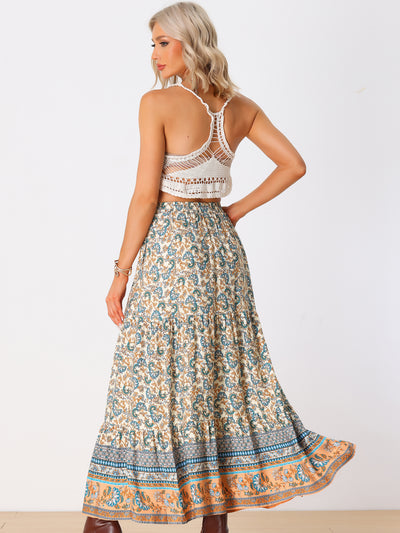 Boho Casual Bohemian Floral Printed Elastic Waist Maxi Skirt