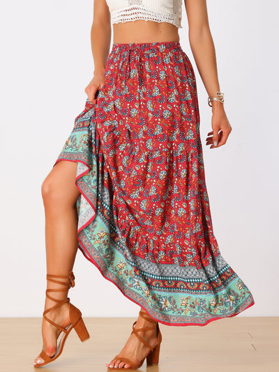 Boho Casual Bohemian Floral Printed Elastic Waist Maxi Skirt