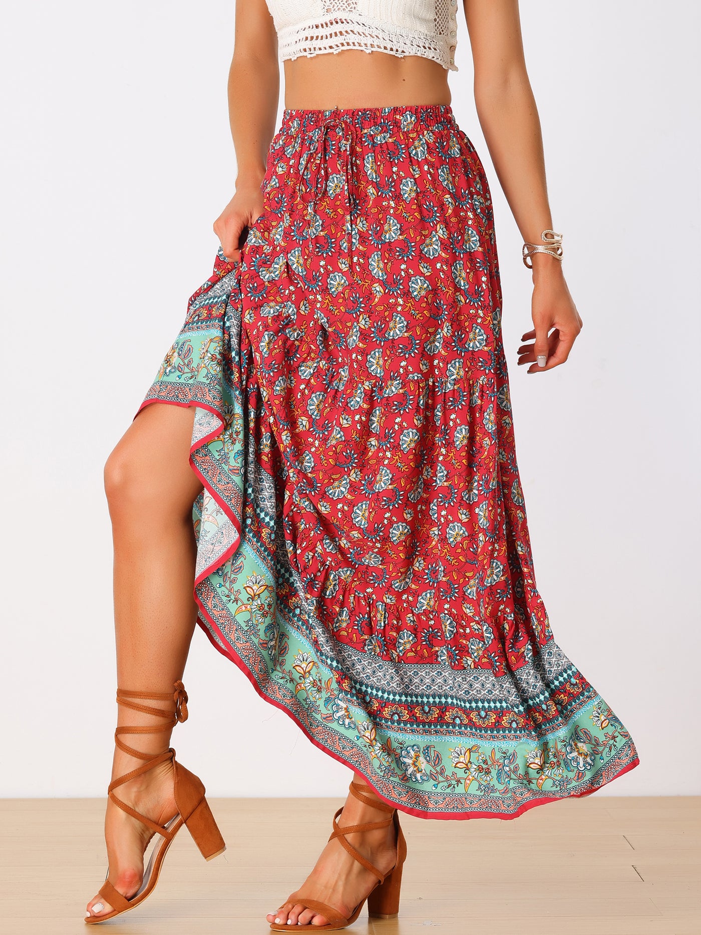 Allegra K Boho Casual Bohemian Floral Printed Elastic Waist Maxi Skirt
