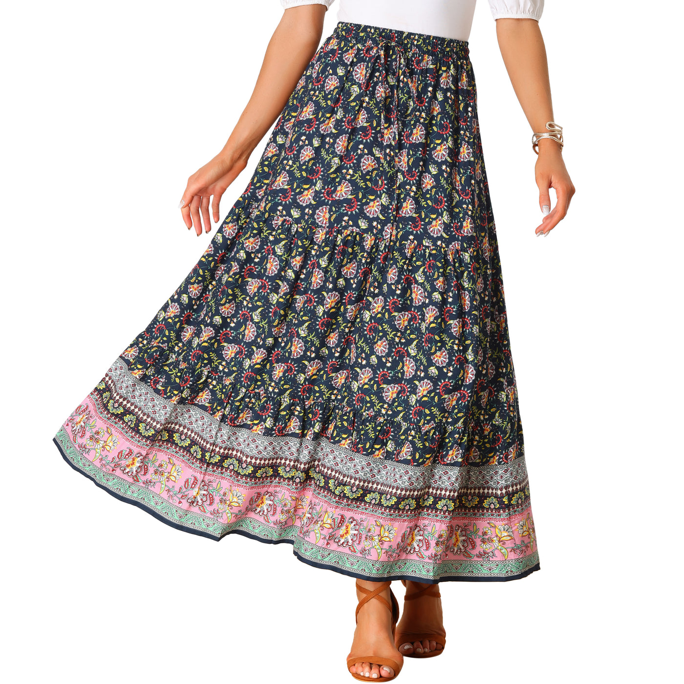Allegra K Boho Casual Bohemian Floral Printed Elastic Waist Maxi Skirt