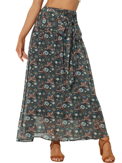 Smocked Tie Waist Chiffon Tropical Floral Maxi Boho Long Skirt