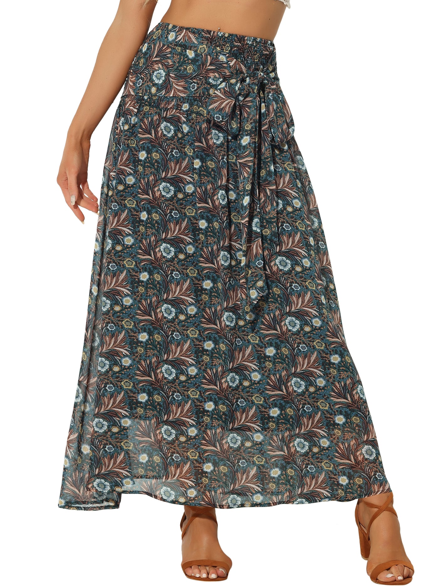 Allegra K Smocked Tie Waist Chiffon Tropical Floral Maxi Boho Long Skirt