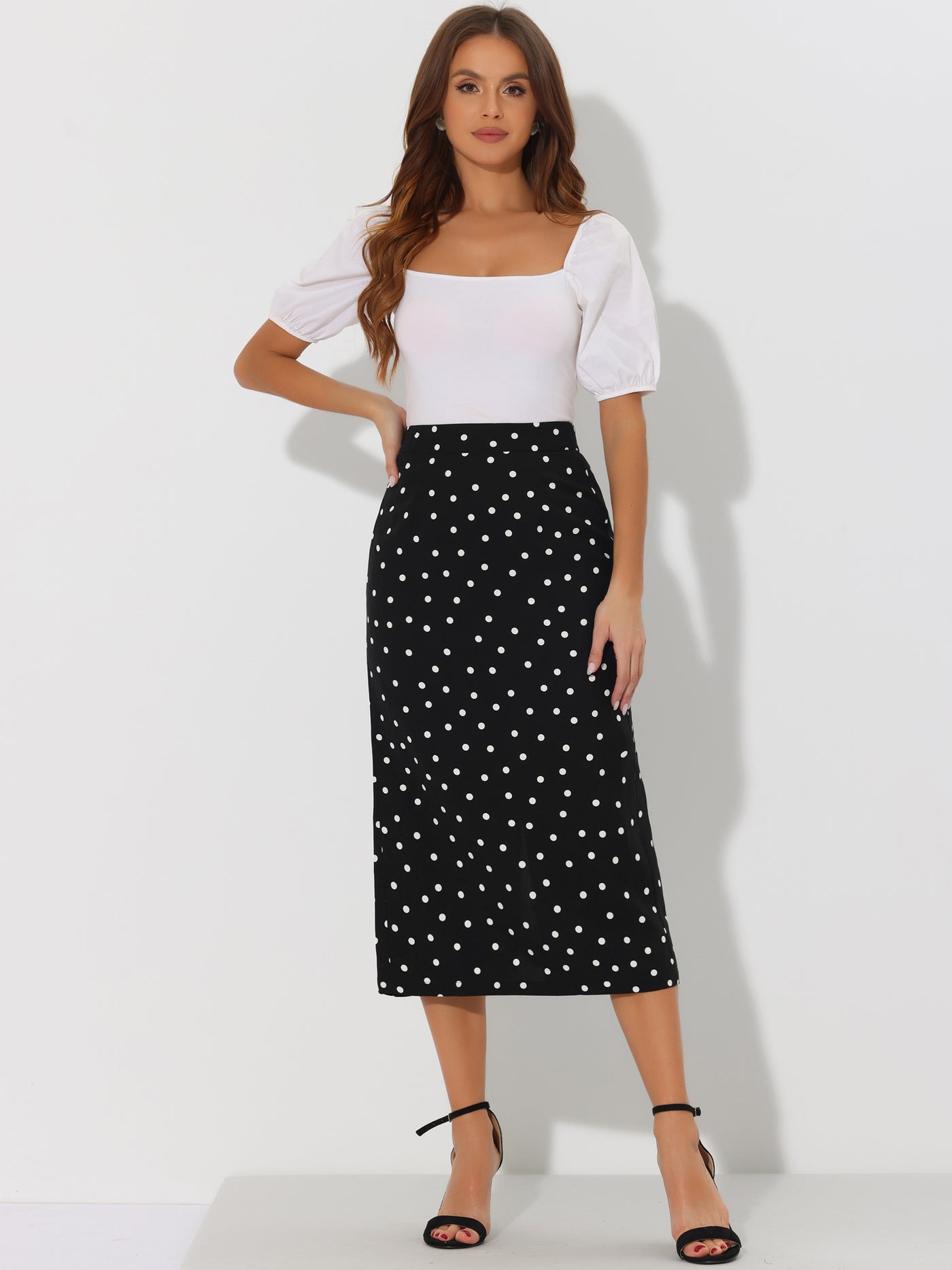 Allegra K Women's Summer Polka Dots Skirt Casual Elastic High Waisted Pencil Midi Skirt