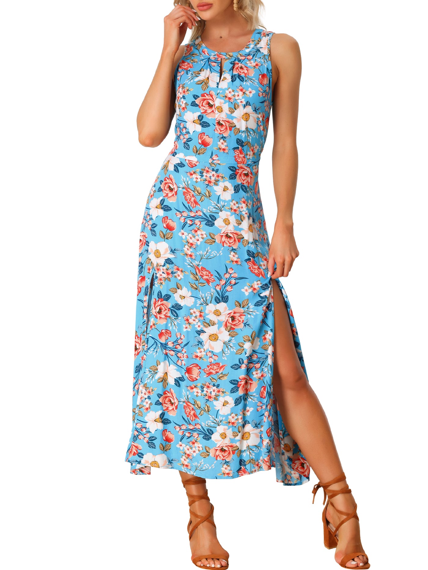 Allegra K Split Hem Keyhole Flowy Summer Maxi Sleeveless Floral Dress