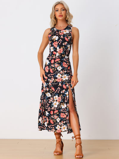 Split Hem Keyhole Flowy Summer Maxi Sleeveless Floral Dress
