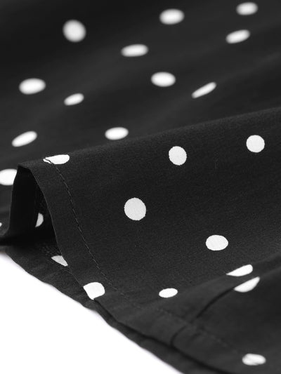 Lapel Collar Self Tie Waist Button Down Vintage Polka Dots Blouse