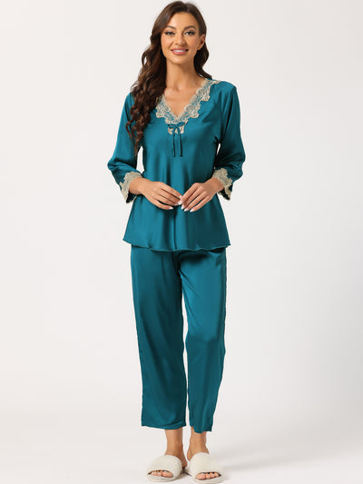 Satin Sleepwear Night Suit V Neck Lace Nightwear Lounge Pajama Set