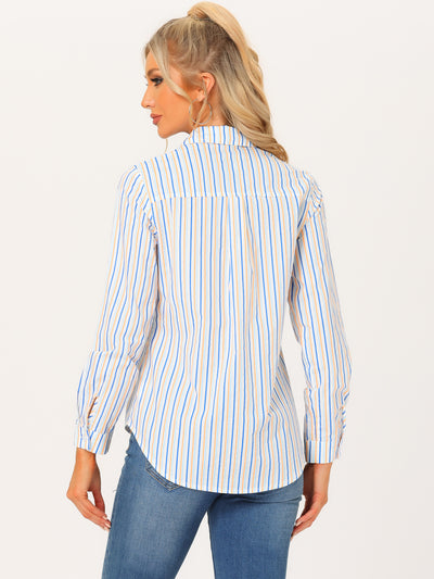 Striped Button Down Roll-up Long Sleeve Point Collar Shirt
