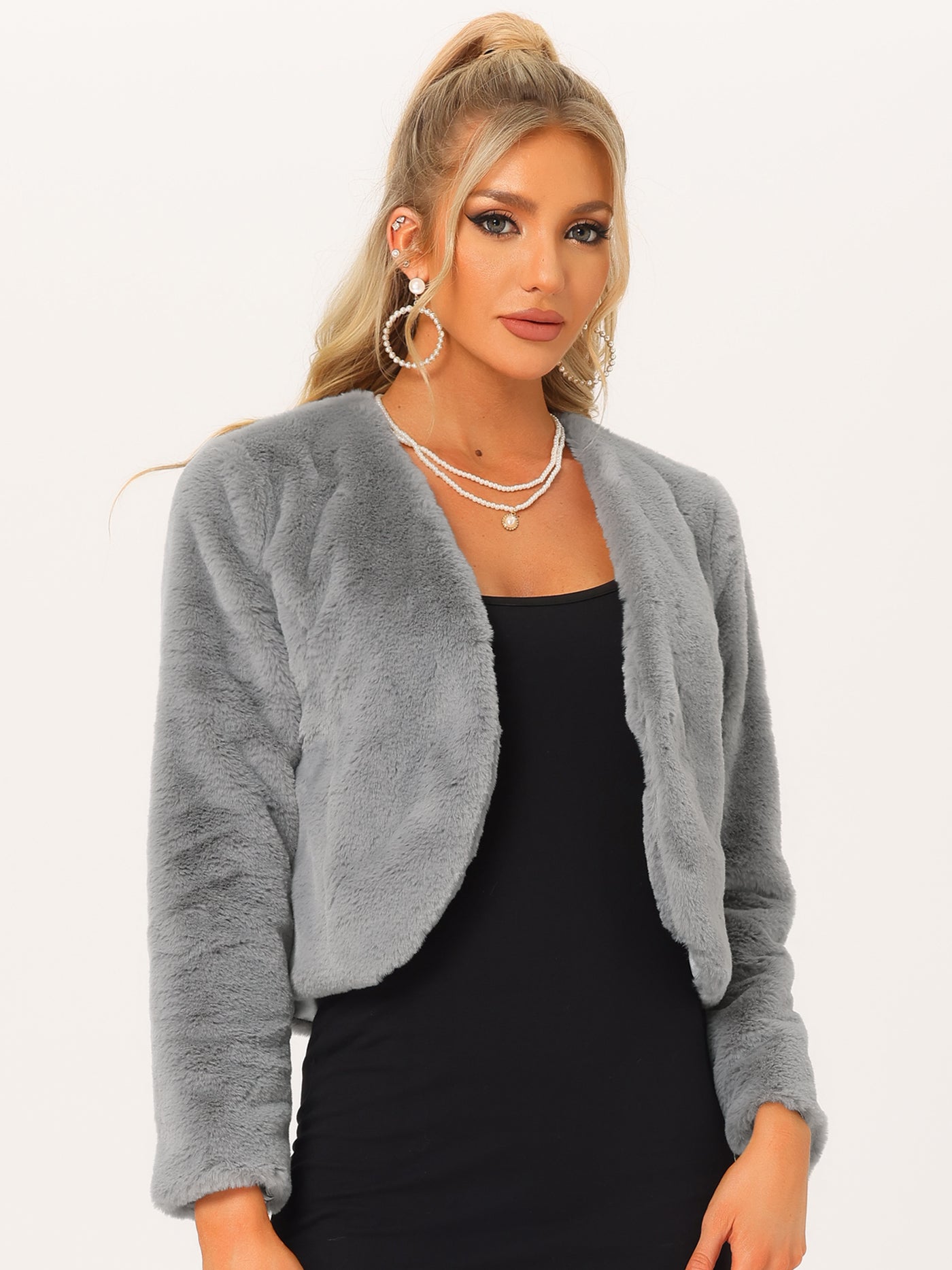 Allegra K Cropped Jacket Faux Fur Long Sleeve Open Front Bolero Winter Coat