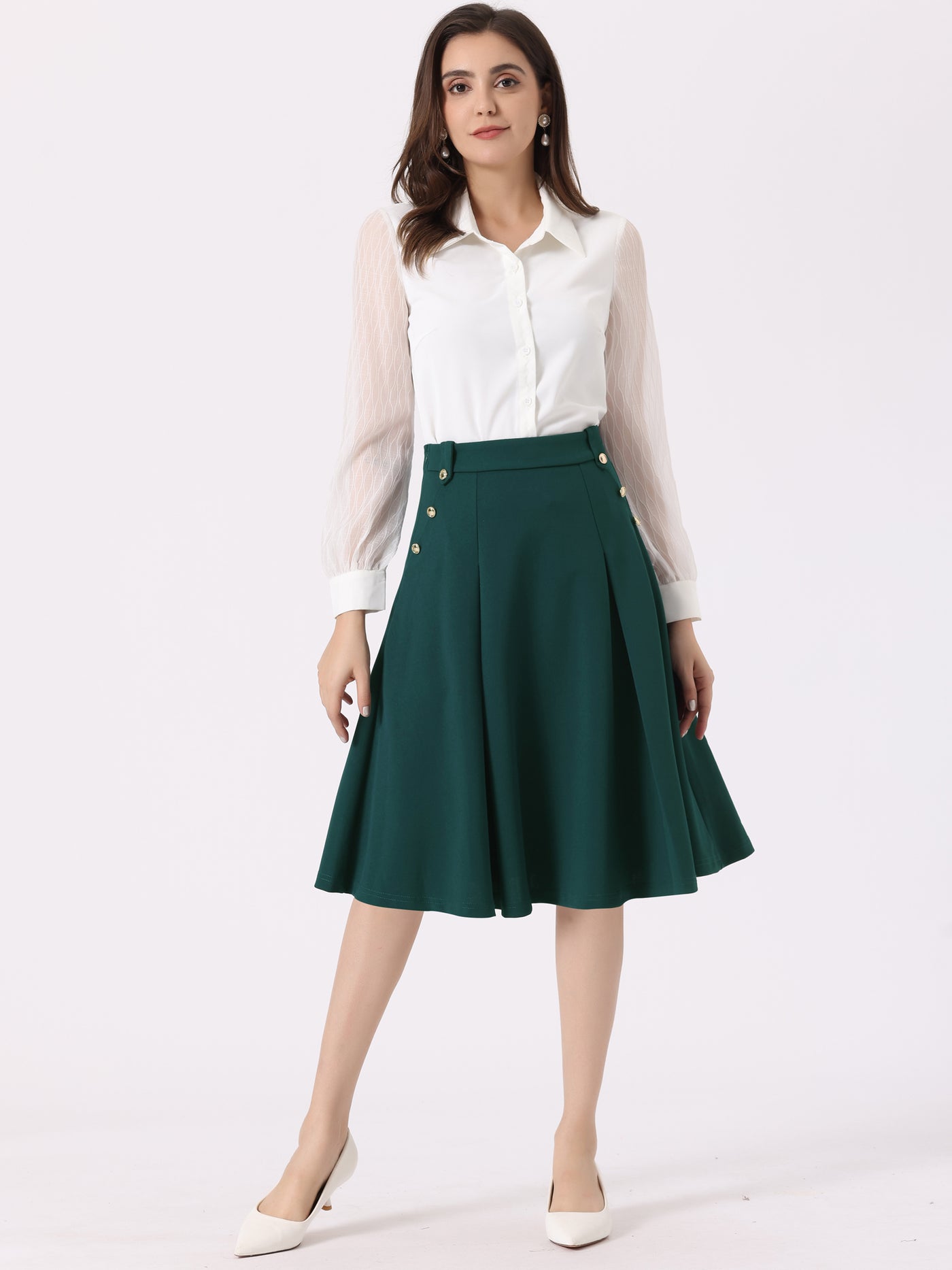 Allegra K Women's High Waist Button Decor Vintage Pleated Flared Midi Skirt
