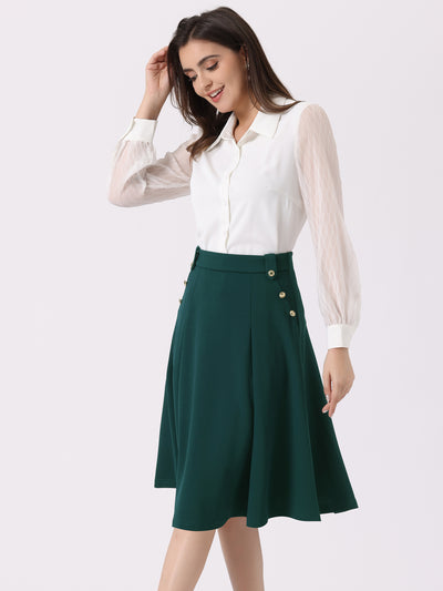 Women's High Waist Button Decor Vintage Pleated Flared Midi Skirt