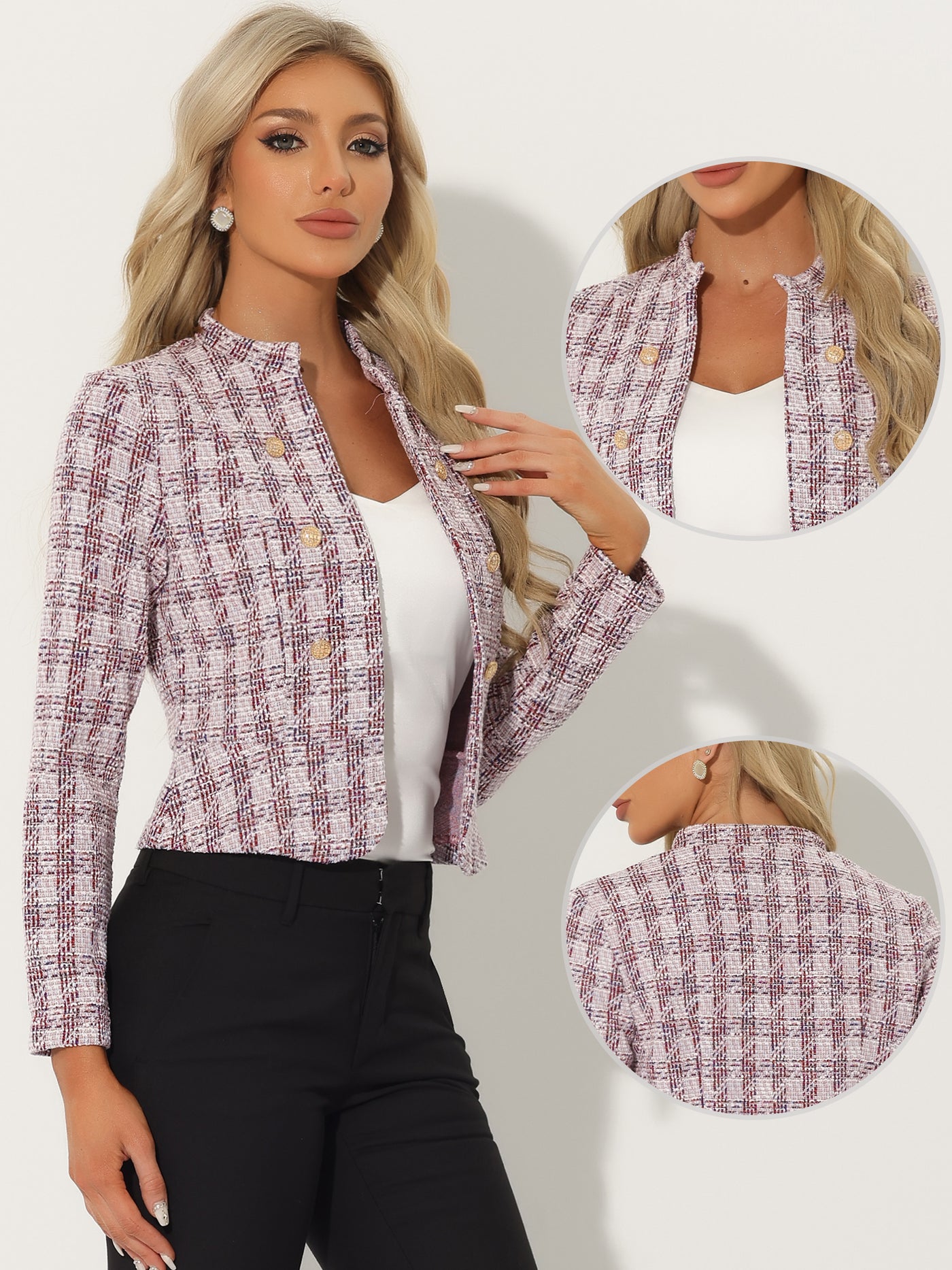 Allegra K Vintage Plaid Tweed Blazer Slim Fit Work Office Short Jacket