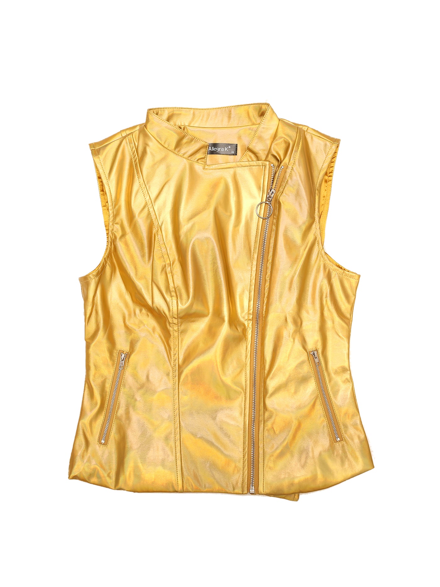 Allegra K Shiny Metal Stand Collar Sleeveless Zipper Vest