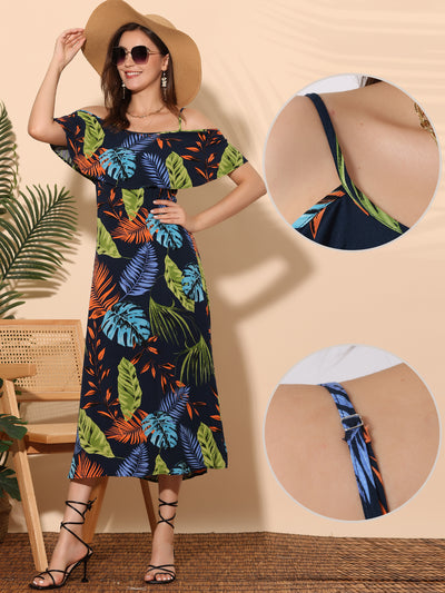 Flare Sleeve Cold Shoulder Tropical Plant Print Vacation Maxi Dress