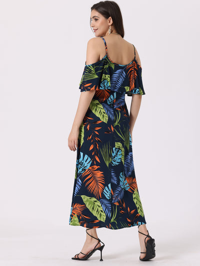Flare Sleeve Cold Shoulder Tropical Plant Print Vacation Maxi Dress