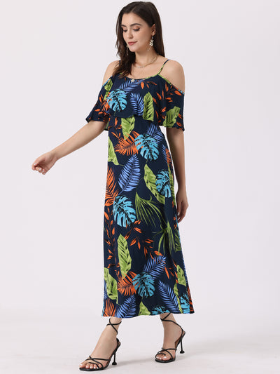 Allegra K Flare Sleeve Cold Shoulder Tropical Plant Print Vacation Maxi Dress
