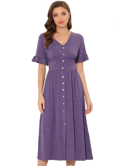 Casual Button Flutter Sleeve Smocked Midi Dresses