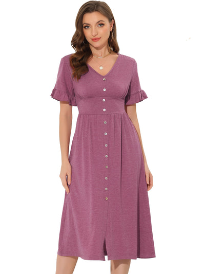 Casual Button Flutter Sleeve Smocked Midi Dresses