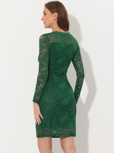 Lace Boat Neck Long Sleeve Cocktail Bodycon Pencil Dress