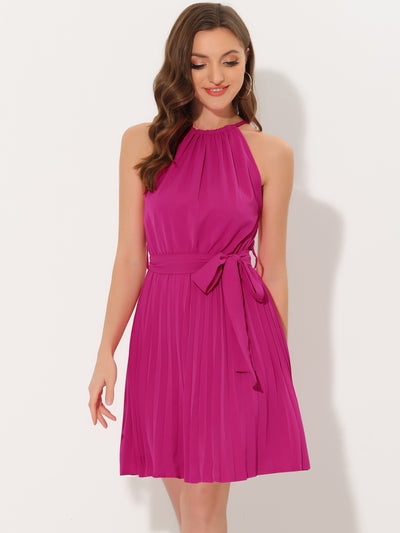 Sleeveless Solid Halter Neck Belted Pleated Mini Dress