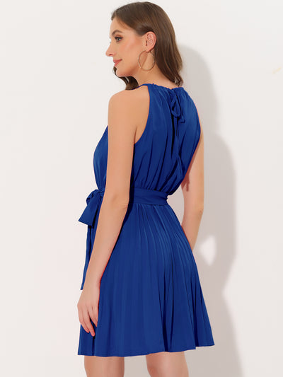 Sleeveless Solid Halter Neck Belted Pleated Dress