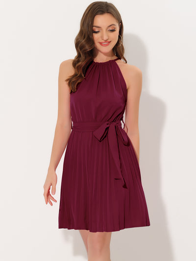 Sleeveless Solid Halter Neck Belted Pleated Dress