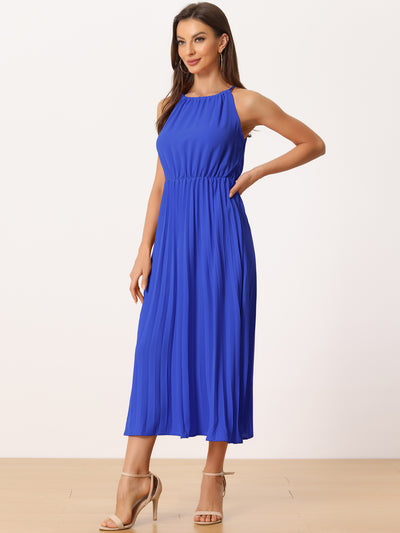 Women's Sleeveless Halter Neck Belted A-Line Cocktail Pleated Dress
