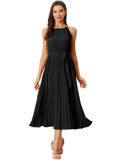 Women's Sleeveless Halter Neck Belted A-Line Cocktail Pleated Dress