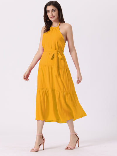 Casual Sleeveless Halter Backless A Line Solid Swing Tiered Dress