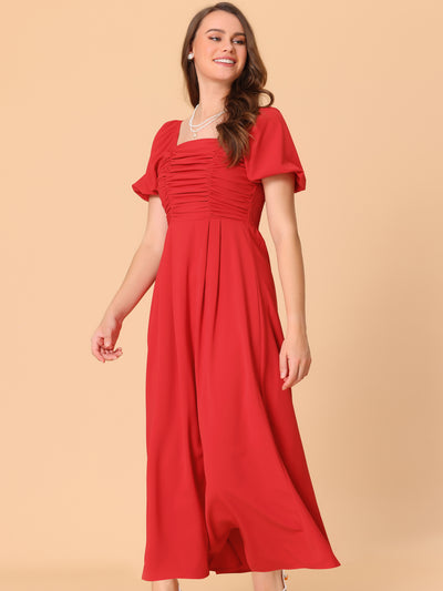 Solid Puff Sleeves Square Neck Ruched Maxi Sun Dress