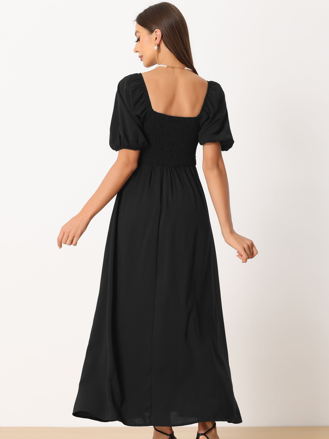 Allegra K Solid Puff Sleeves Square Neck Ruched Maxi Sun Dress