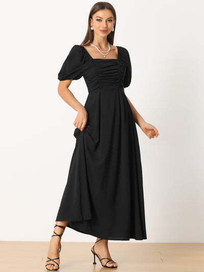 Solid Puff Sleeves Square Neck Ruched Maxi Sun Dress