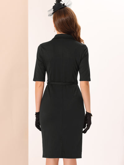 Business Casual Shawl Collar Mid Sleeve Belted Sheath Dress