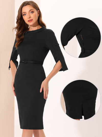 Office 3/4 Sleeves Belted Mock Neck Pencil Midi Dress
