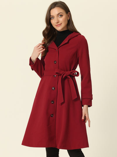 Single Breasted Belted Hooded Winter Pockets Coat