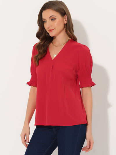 Short Bubble Sleeve Solid V Neck Casual Blouse