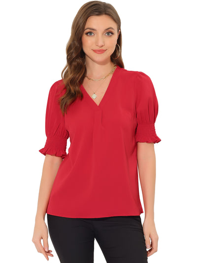 Short Bubble Sleeve Solid V Neck Casual Blouse