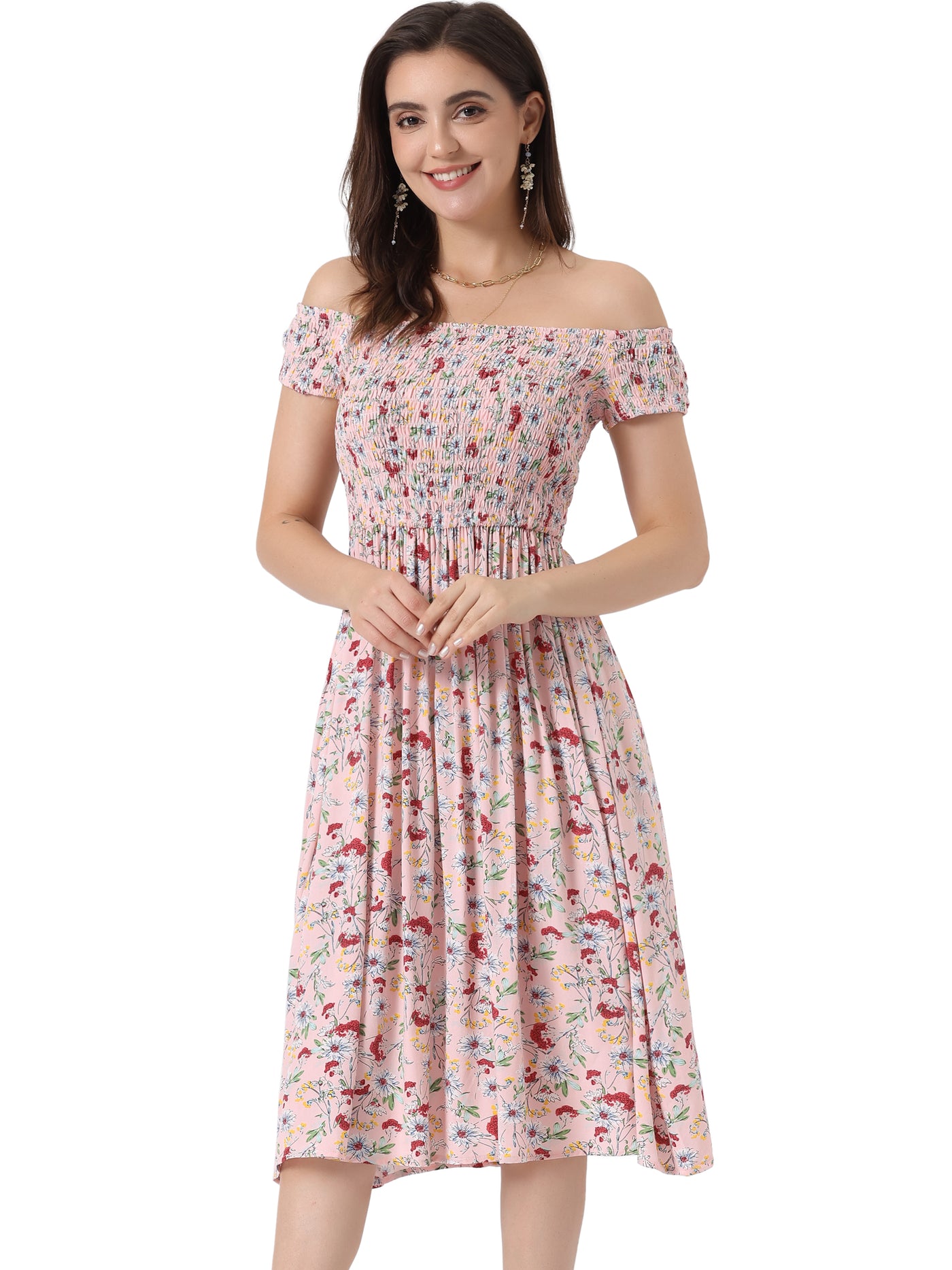 Allegra K Off Shoulder Summer Short Sleeve Floral Smocked Dress