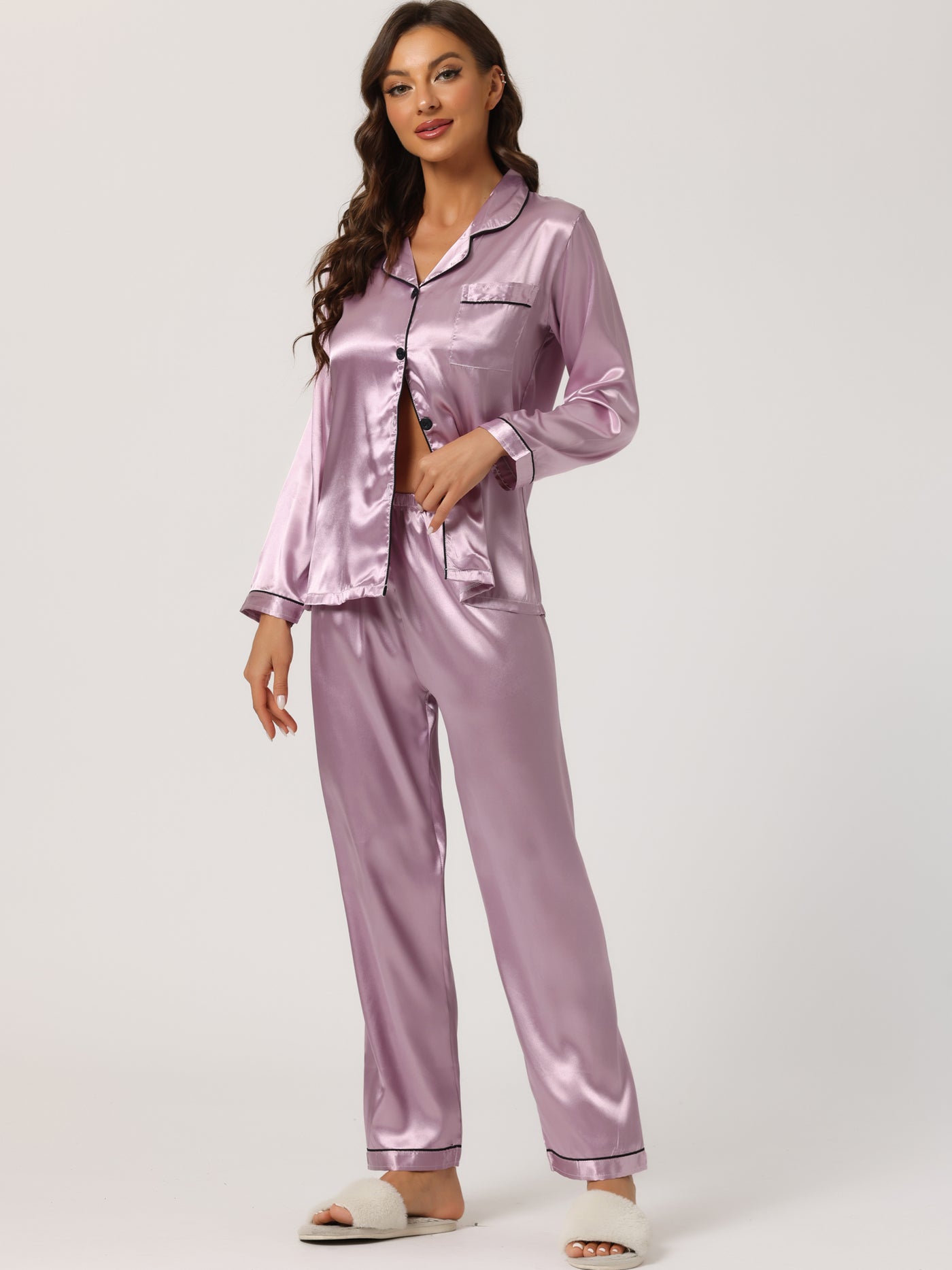 Allegra K Satin Sleepwear Button Down Shirt Pants Lounge Pajama Set