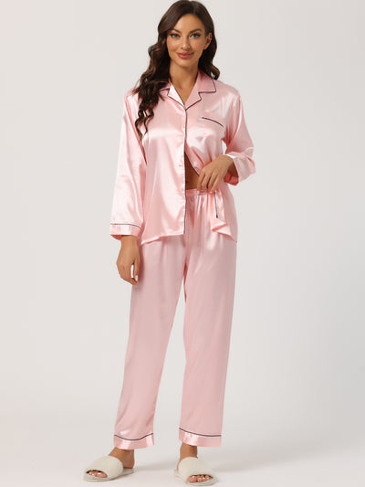 Satin Sleepwear Button Down Shirt Pants Lounge Pajama Set