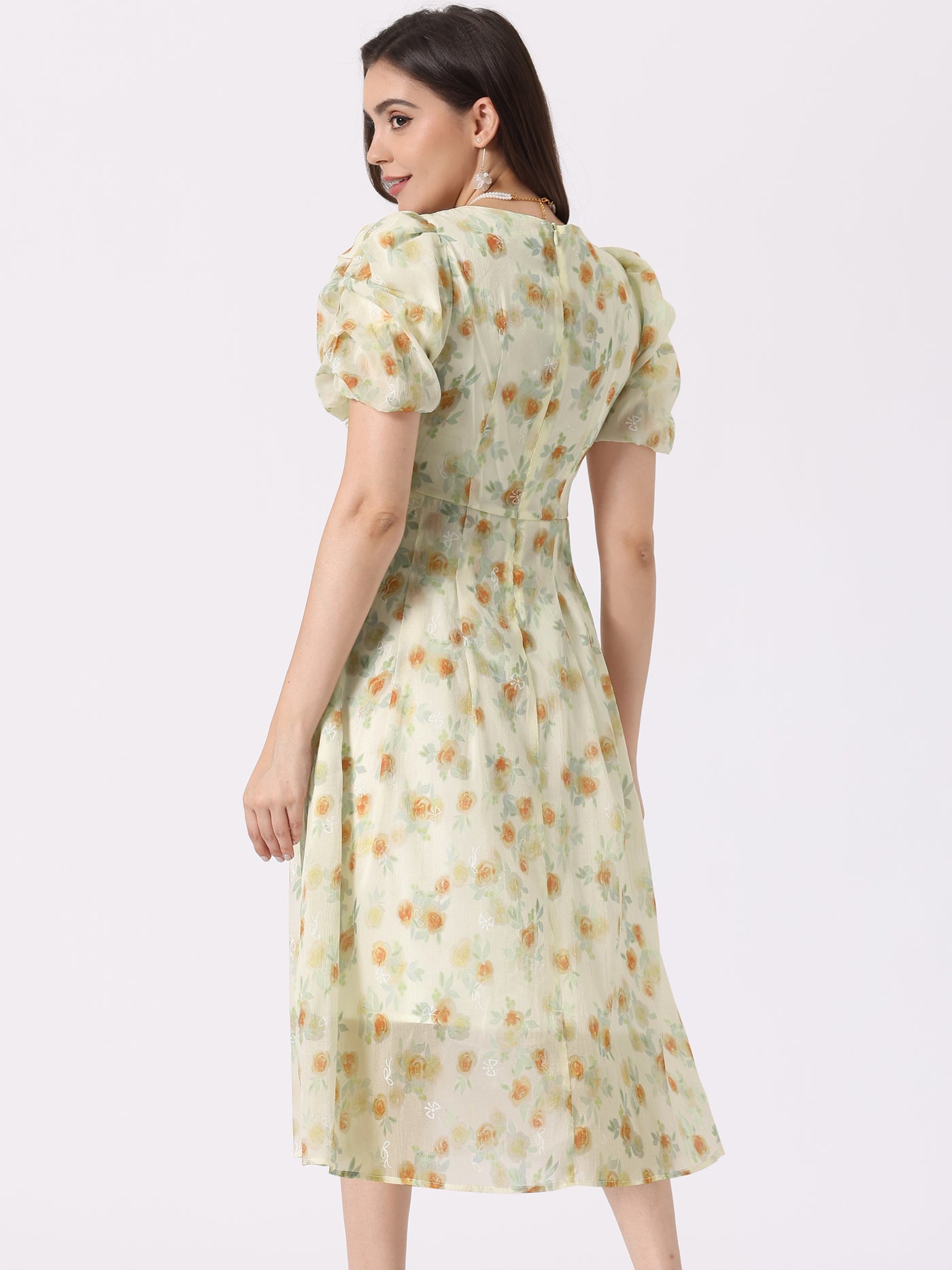 Allegra K Floral Print Short Sleeve Cinched Waist Long Midi Dress