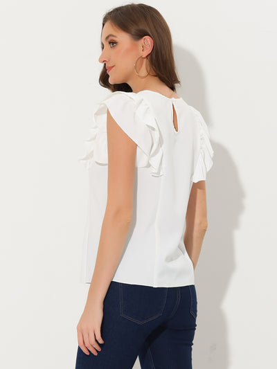 Ruffle Solid Round Neck Cap Sleeve Blouse Tops