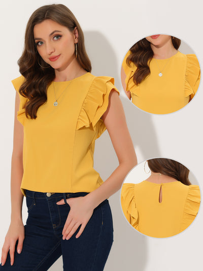 Ruffle Solid Round Neck Cap Sleeve Blouse Tops