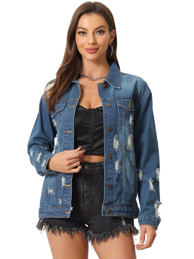 Oversized Button Down Ripped Distressed Jean Coat Denim Jacket
