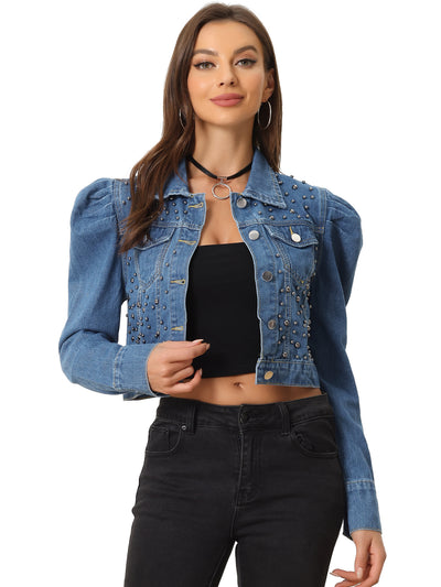 Women's Casual Denim Jacket Rivet Studded Beaded Puff Sleeve Cropped Jean Jackets