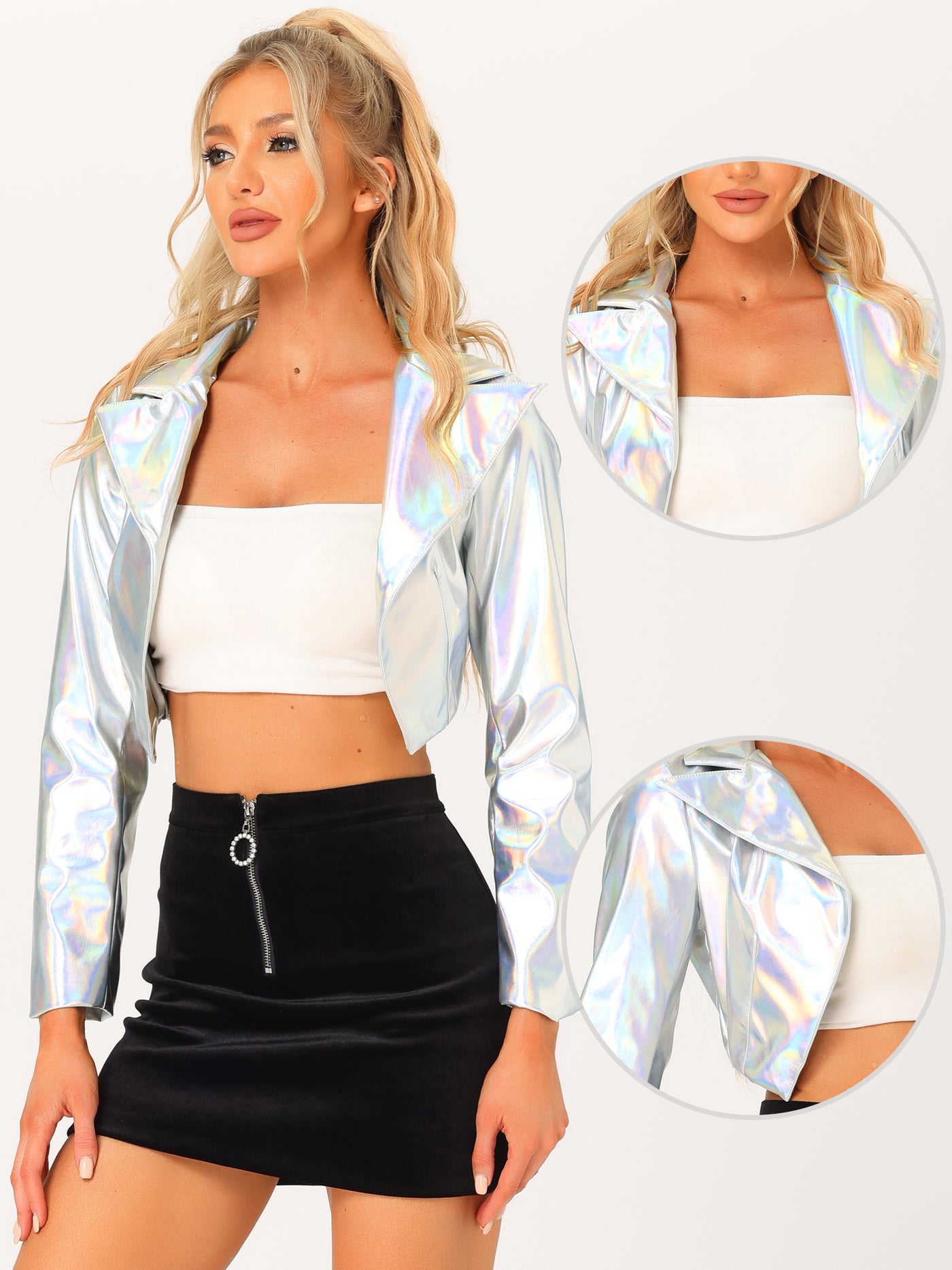 Allegra K Holographic Long Sleeve Lapel Crop Shiny Party Metallic Jacket
